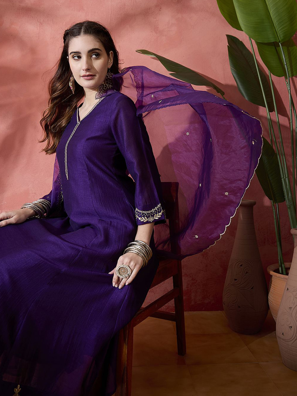 Women’s Purple Embroidered Kurta Set with Trousers & Dupatta