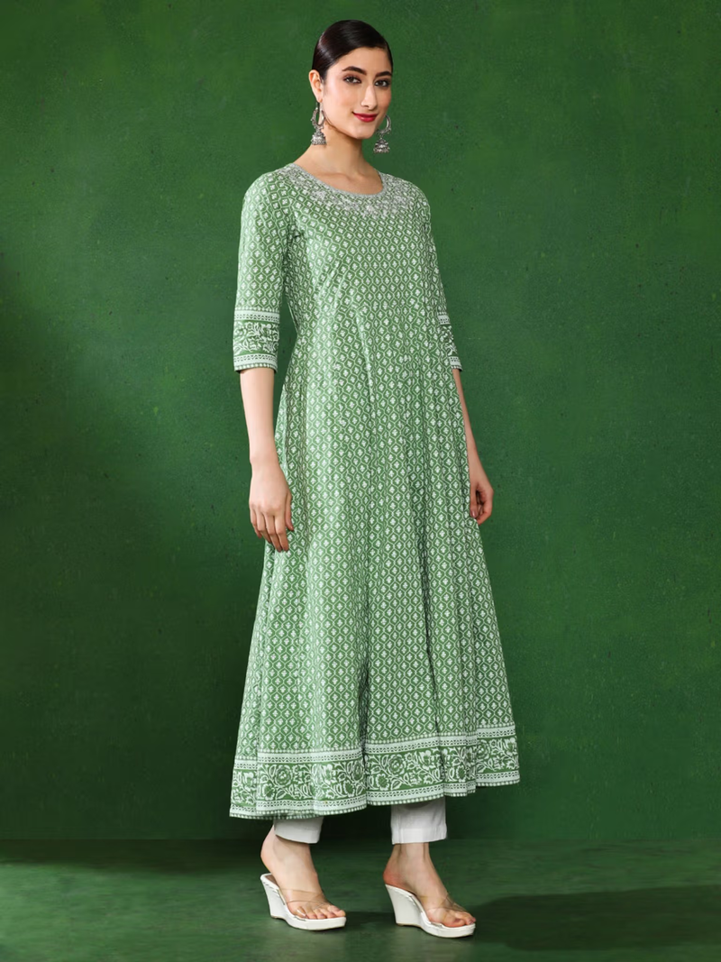 aromie single piece green printed rayon anarkali kurta with three quarter sleeves white pants and wedges Rayon Kurta Set Canada