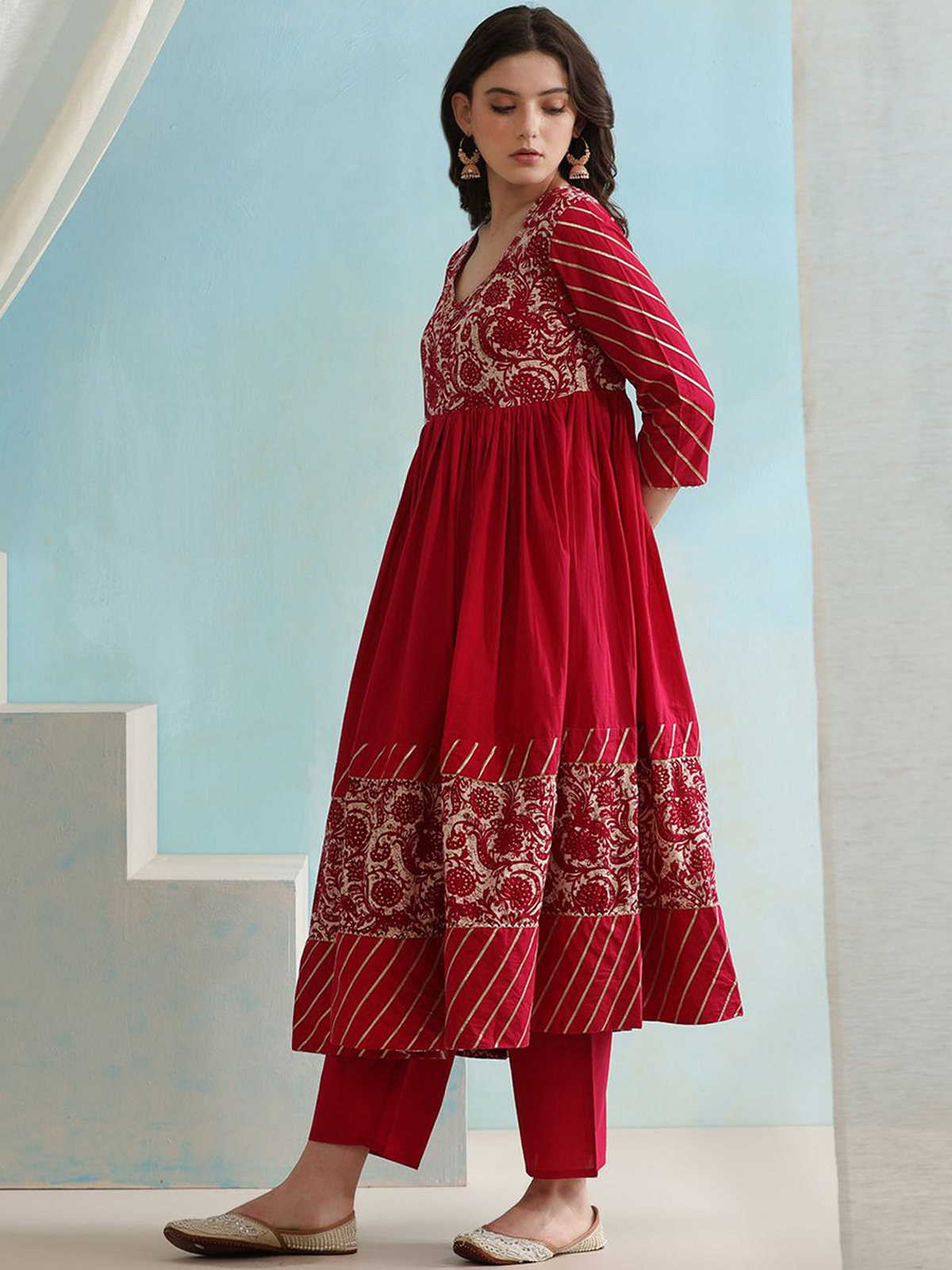 Floral Printed V-Neck Anarkali Kurta with Palazzos & Dupatta