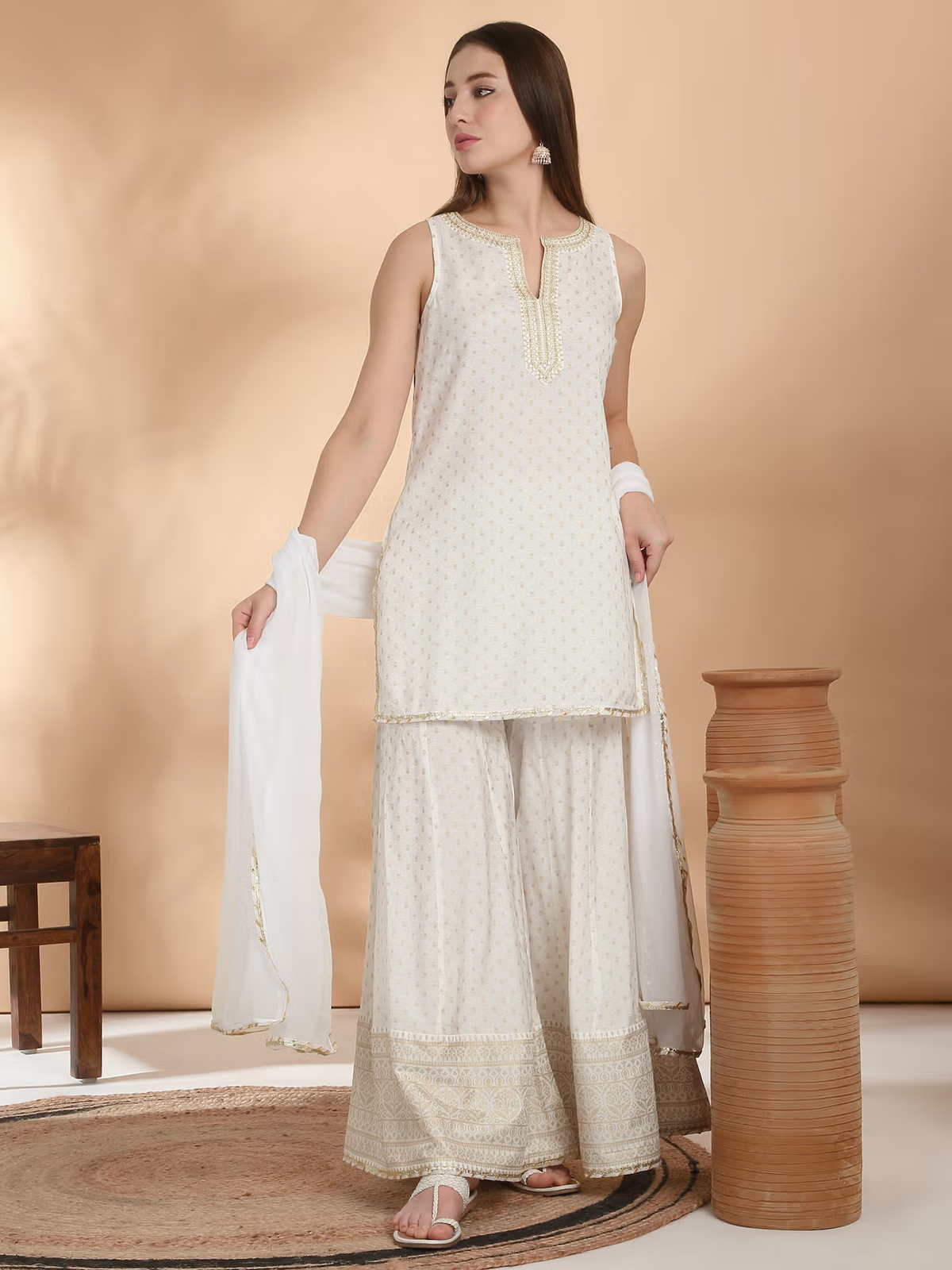Aromie three piece Kurtha set in ivory with gold embroidery sleeveless top sharara dupatta embroidered Anarkali suit Canada