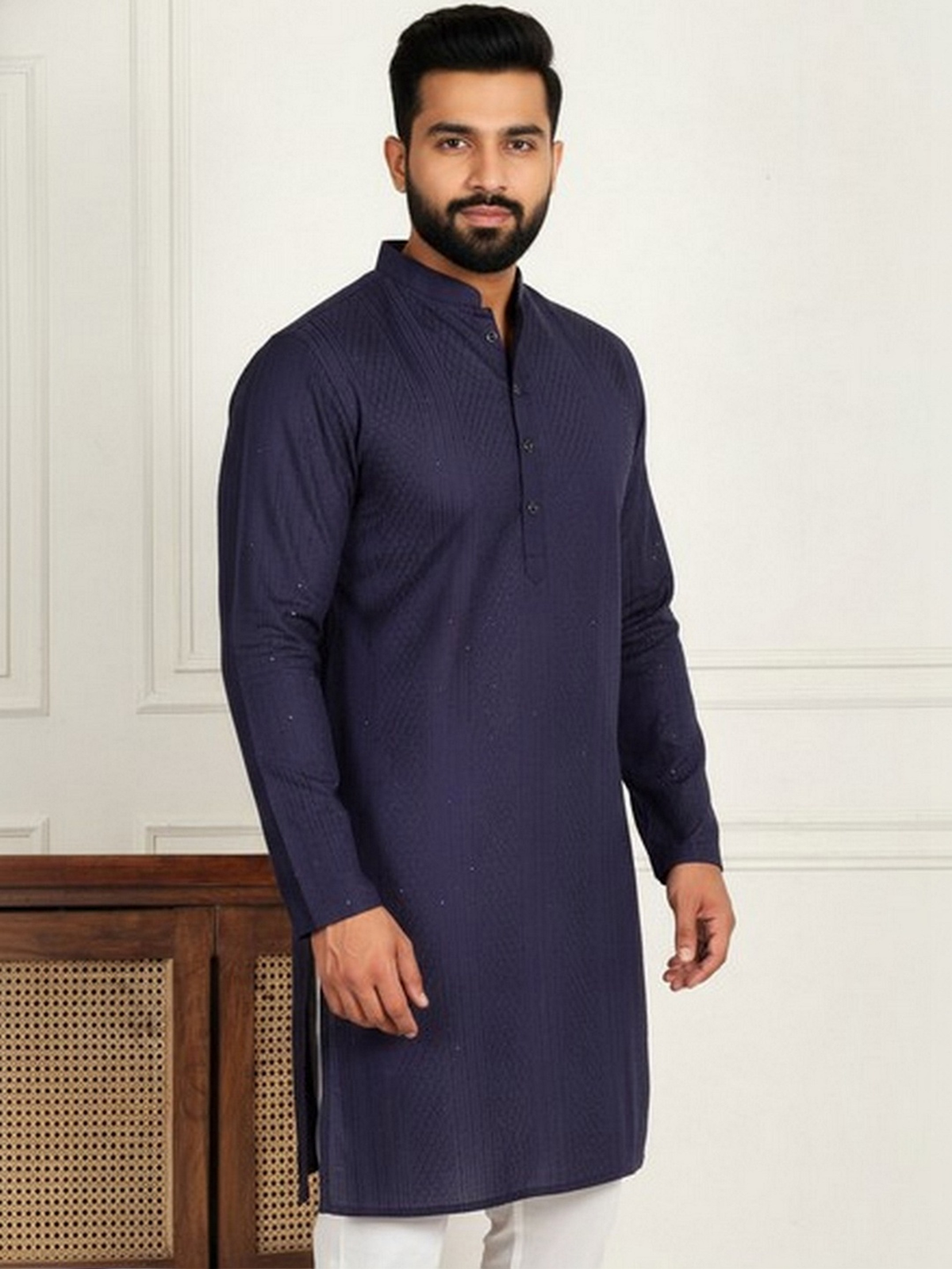 Men’s Navy Blue Textured Pure Cotton Kurta AROMIE | Affordable Indian Clothes & Dresses in Canada