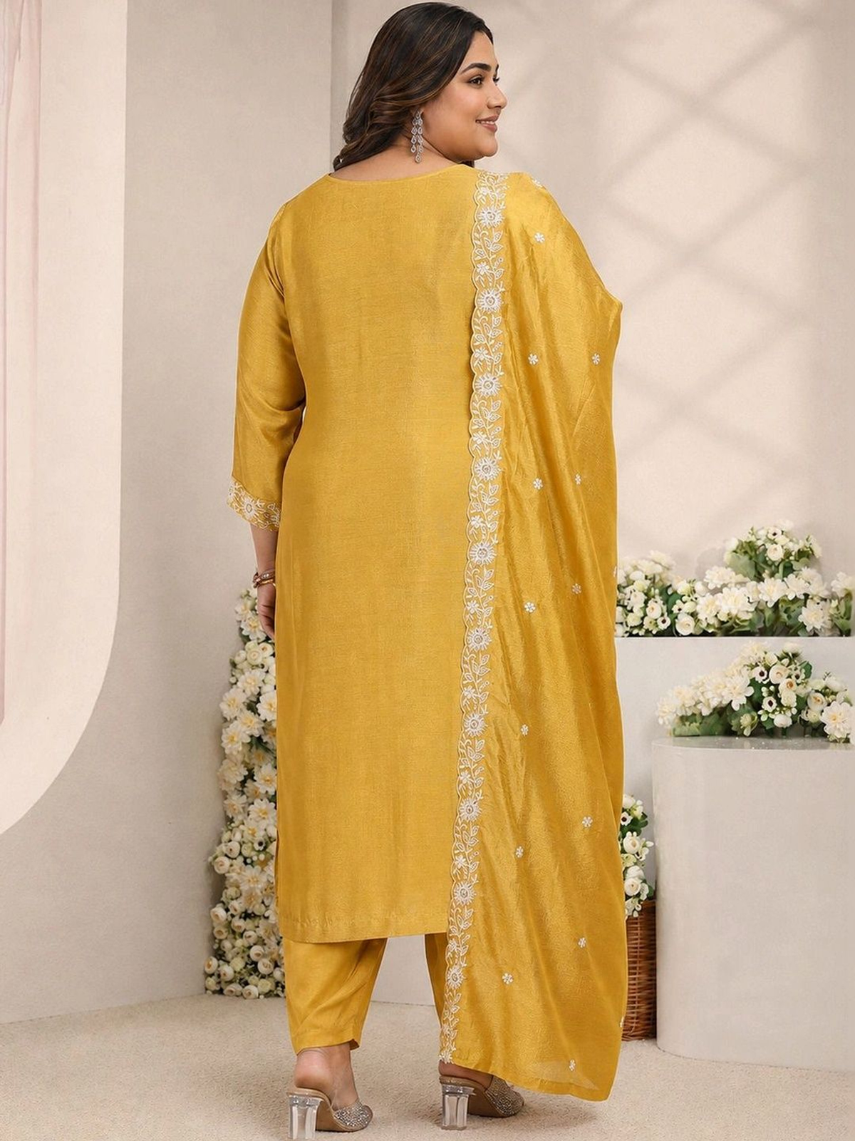 Mustard Yellow Embroidered Kurta Set with Palazzos & Dupatta aromie