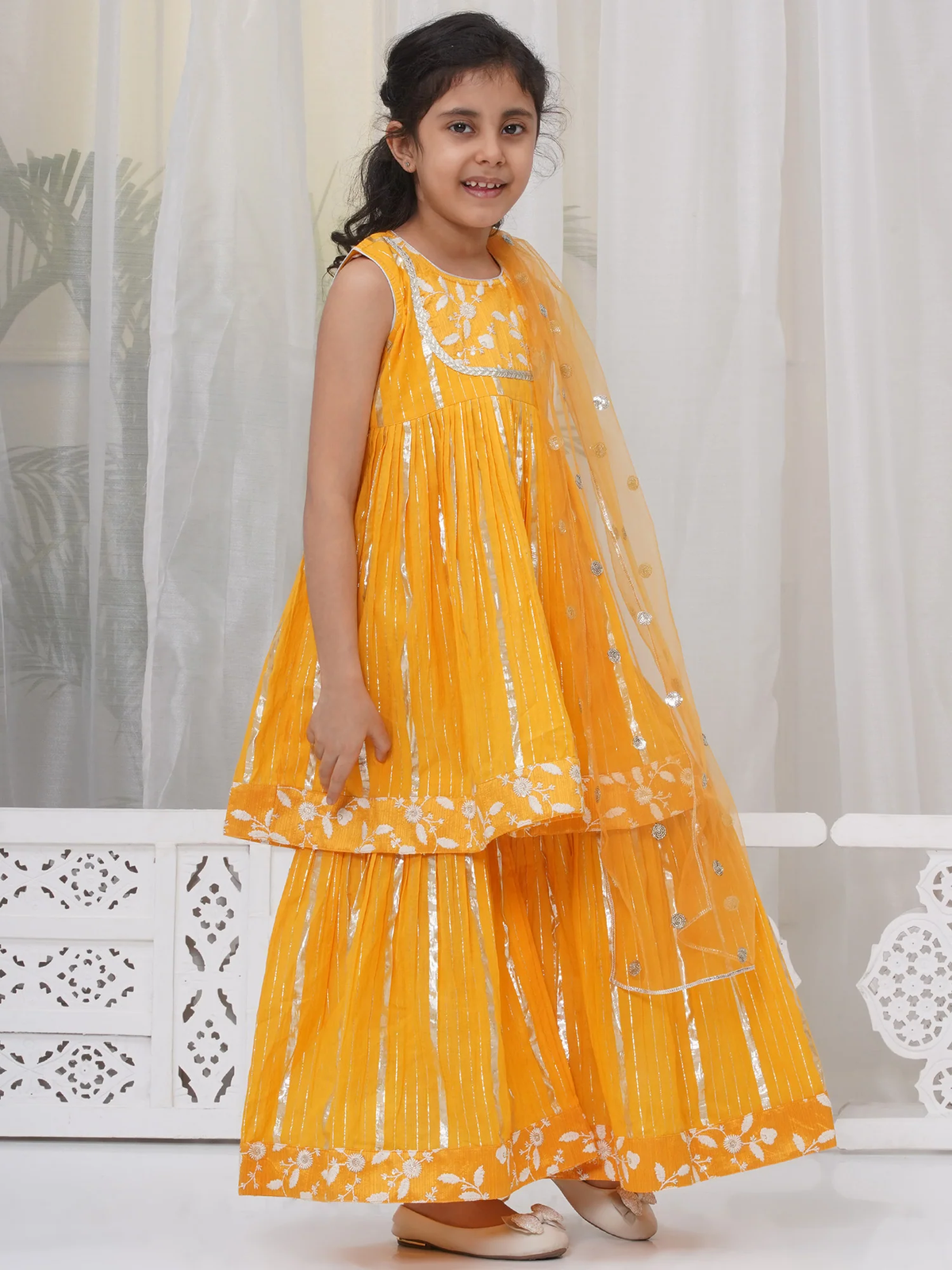 Little Bansi Girls Cotton Three Fourth Sleeves Angrakha Kurta with Sharara and Net Dupatta with Paisley Design Zari Work- Dutch Cream (Copy)