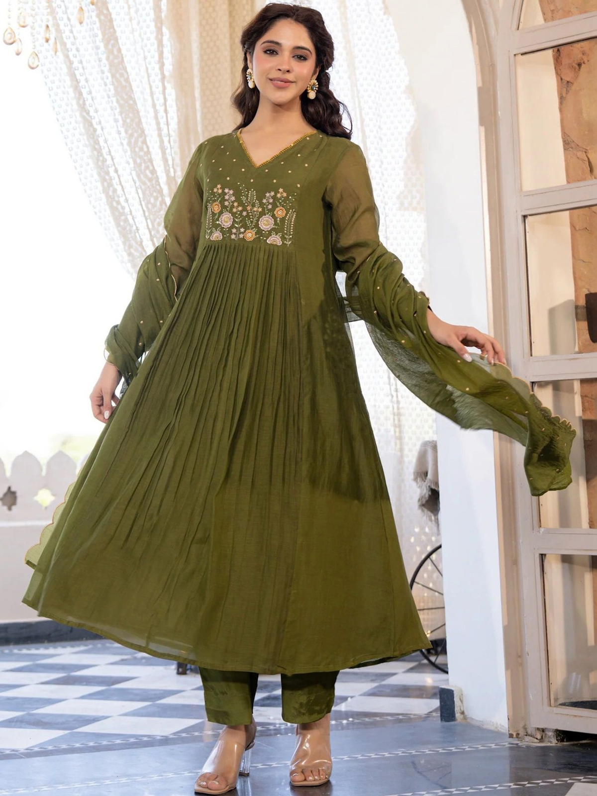 Olive Green Embroidered Silk Blend Anarkali Kurta Set with Trousers & Dupatta