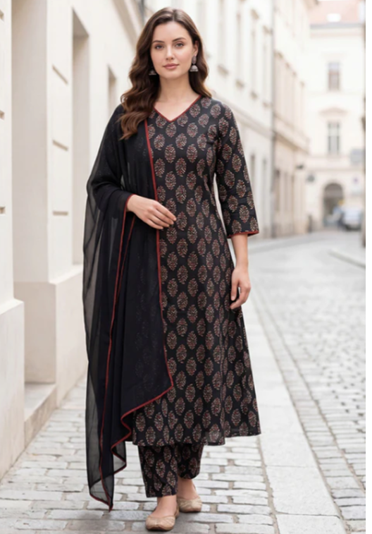 A woman stands on a cobblestone street wearing a black printed kurta set with matching pants and a sheer black dupatta featuring red piping.