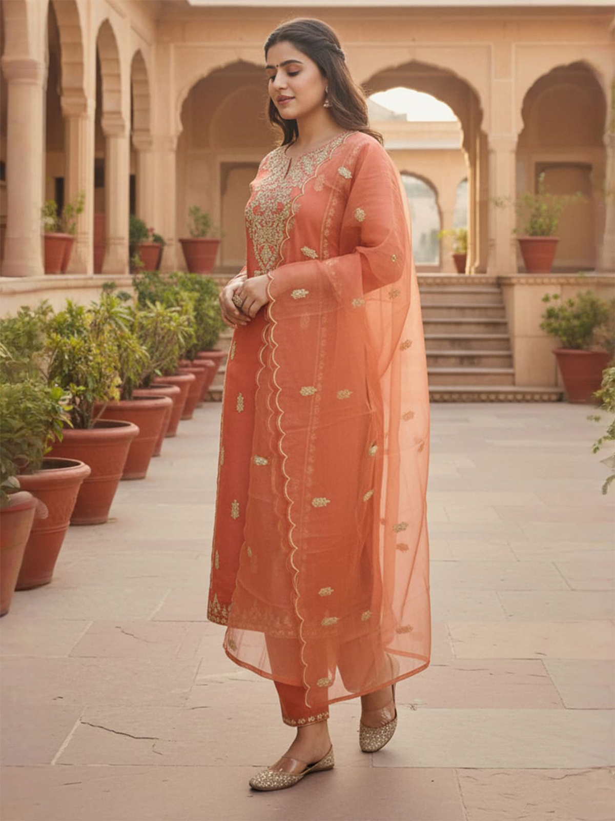 Cream Floral Printed Cotton Anarkali Kurta Set with Trousers & Dupatta