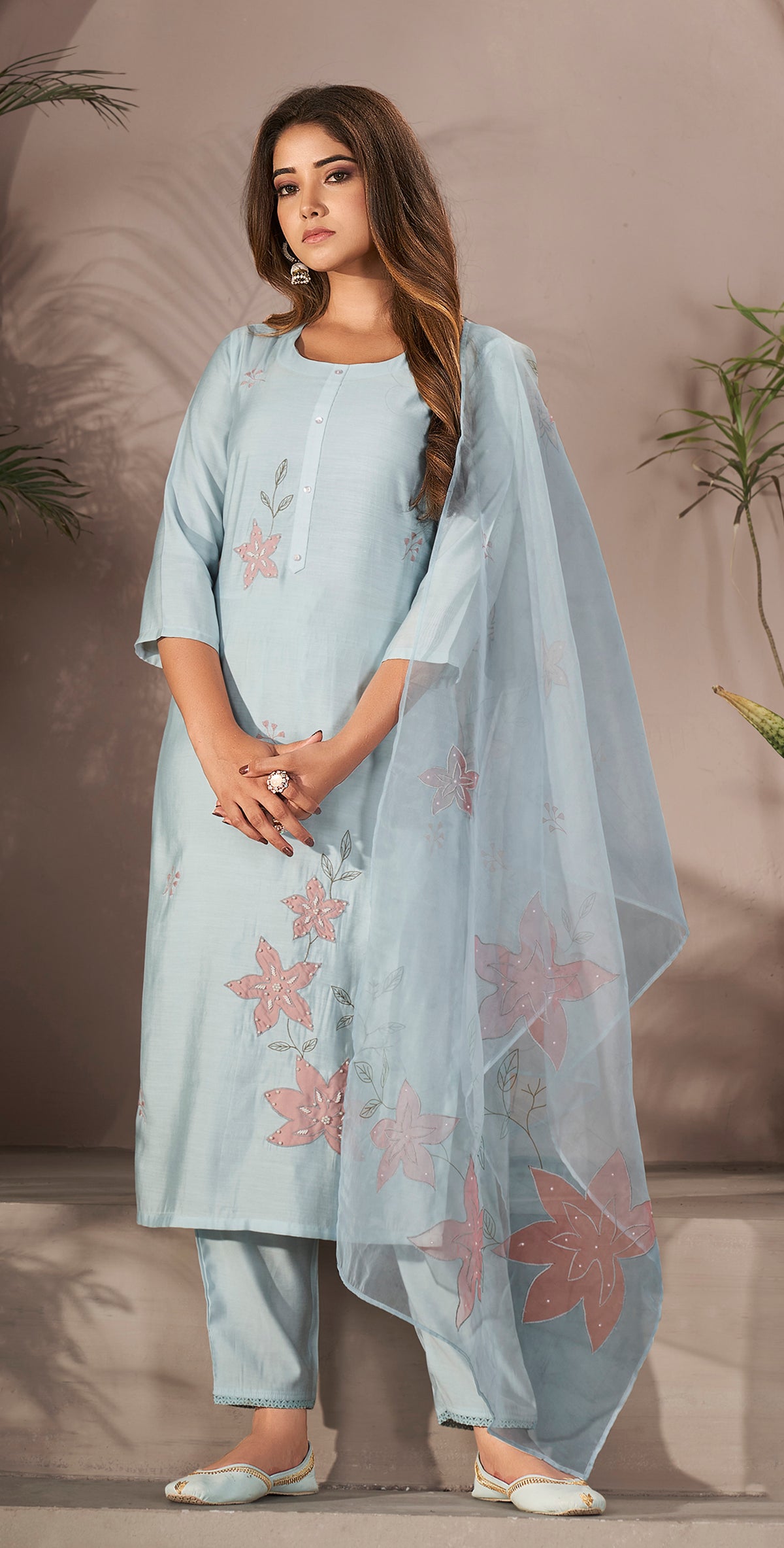 Lt Blue Organza Dupatta Set - Three Piece Kurtha