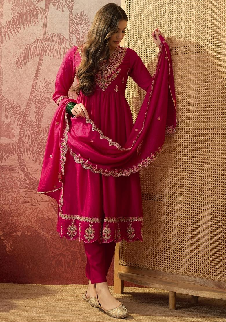 Roman Silk Anarkali Kurti Palazzo Dupatta Set