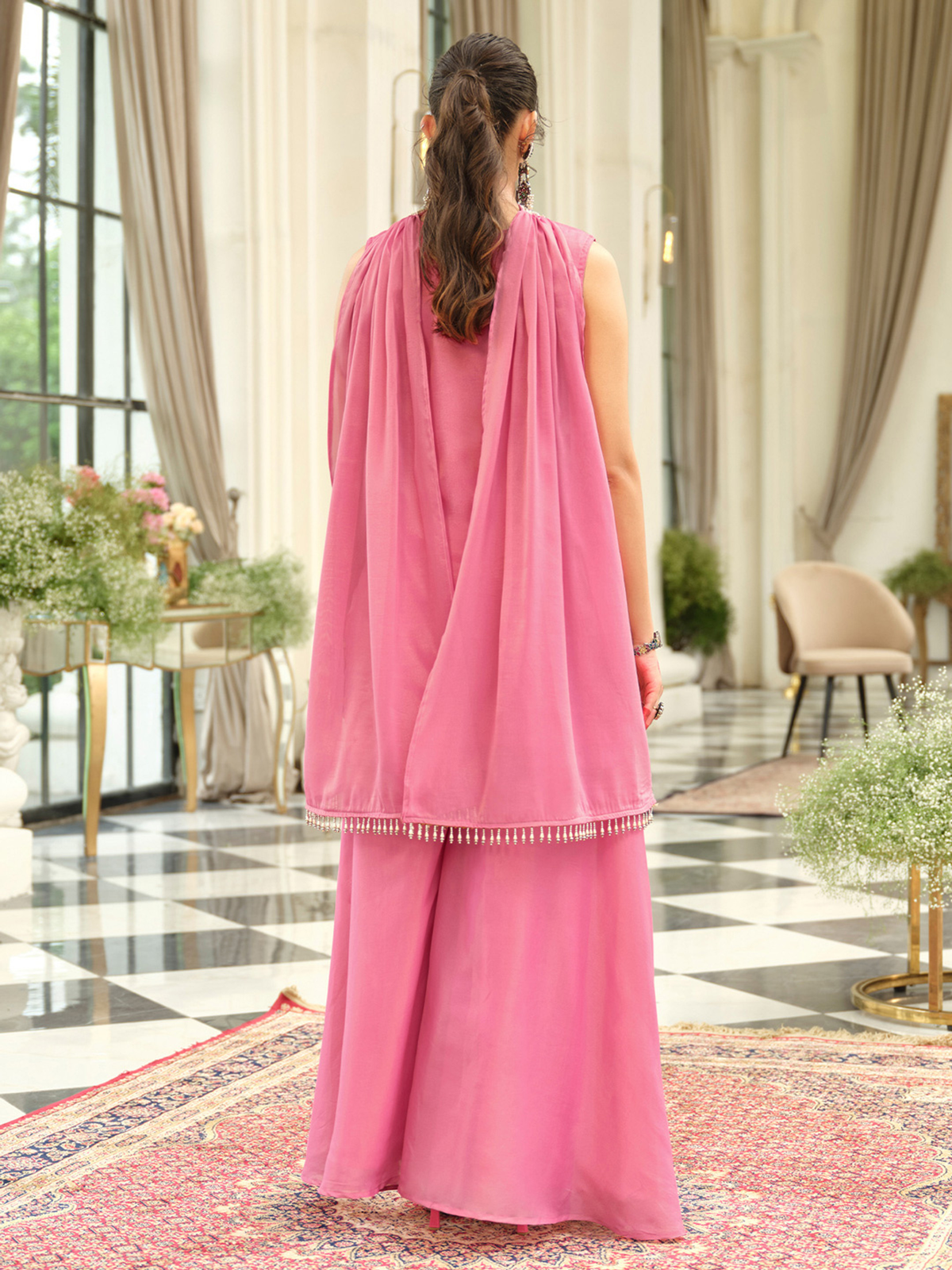 Floral Embroidered Thread Work Kurta With Palazzos & Dupatta