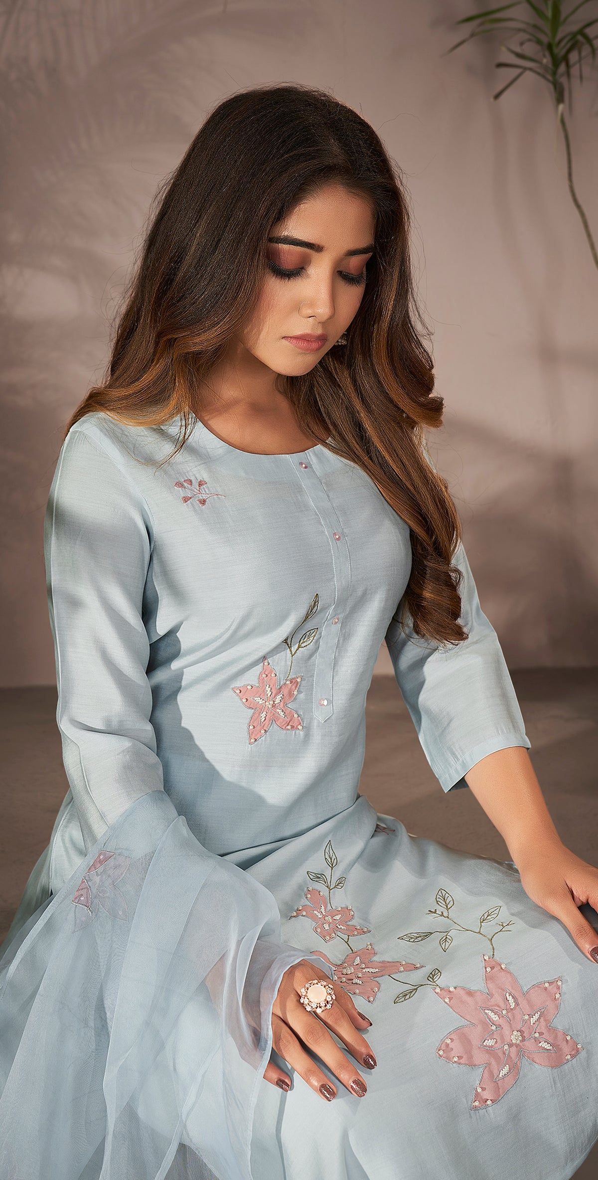 Lt Blue Organza Dupatta Set - Three Piece Kurtha