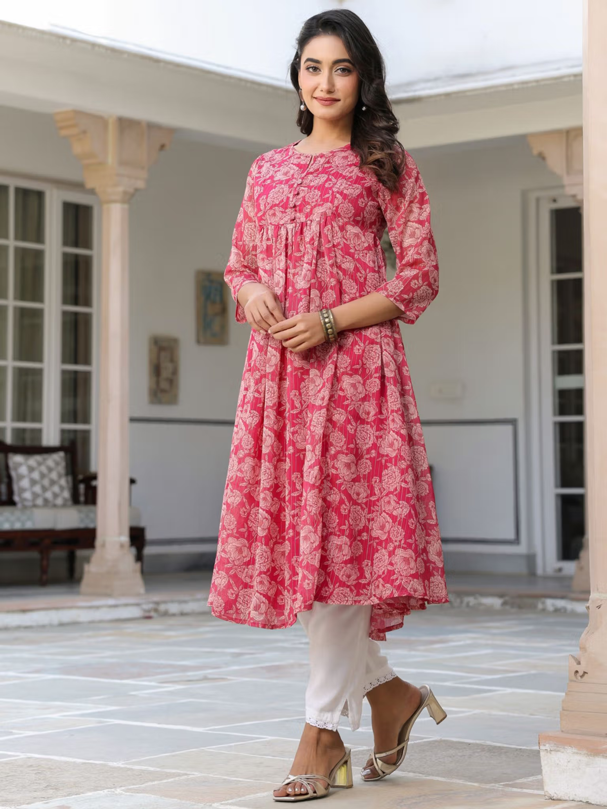 Womens Dark Pink Chiffon Lurex Floral Printed Flared Kurta