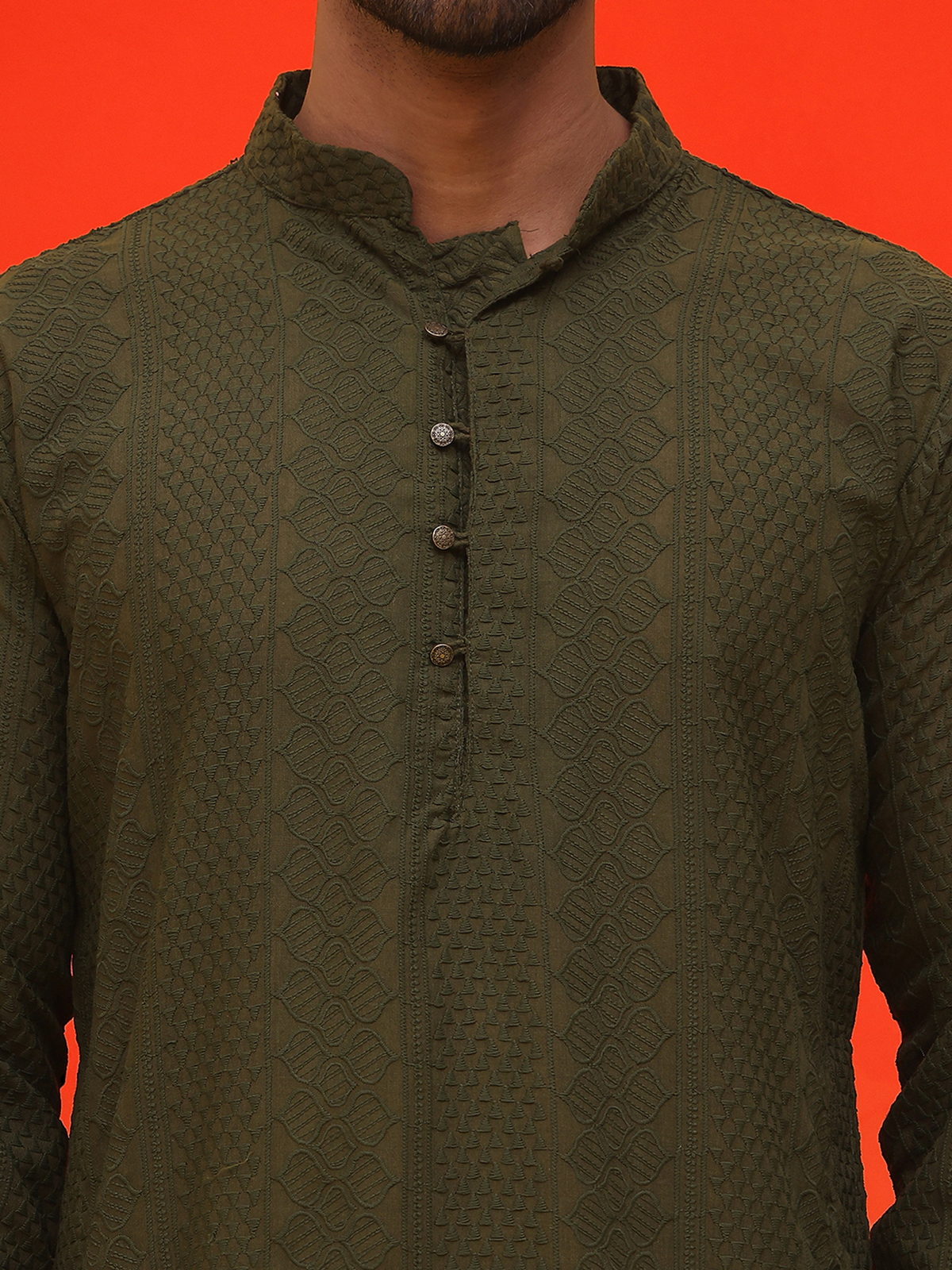 Men’s Olive Green Chikankari Cotton Kurta AROMIE | Affordable Indian Clothes & Dresses in Canada