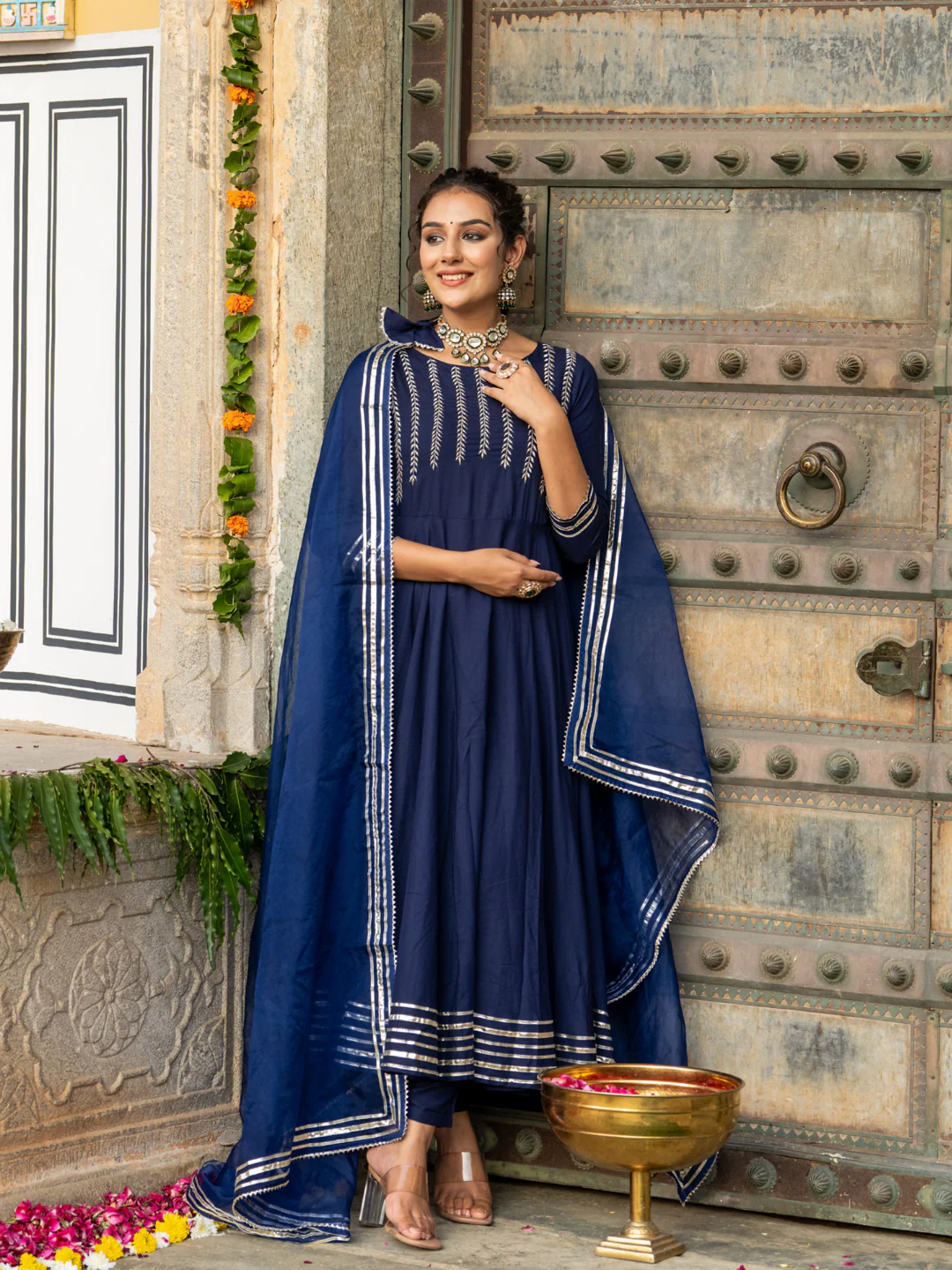 Navy Blue Rayon Festive Suit Set with Dupatta