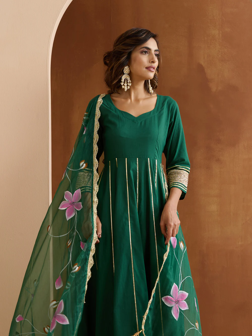Graceful Green Cotton Blend Zari embroidery Fit And Flare kurta set with hand painted dupatta