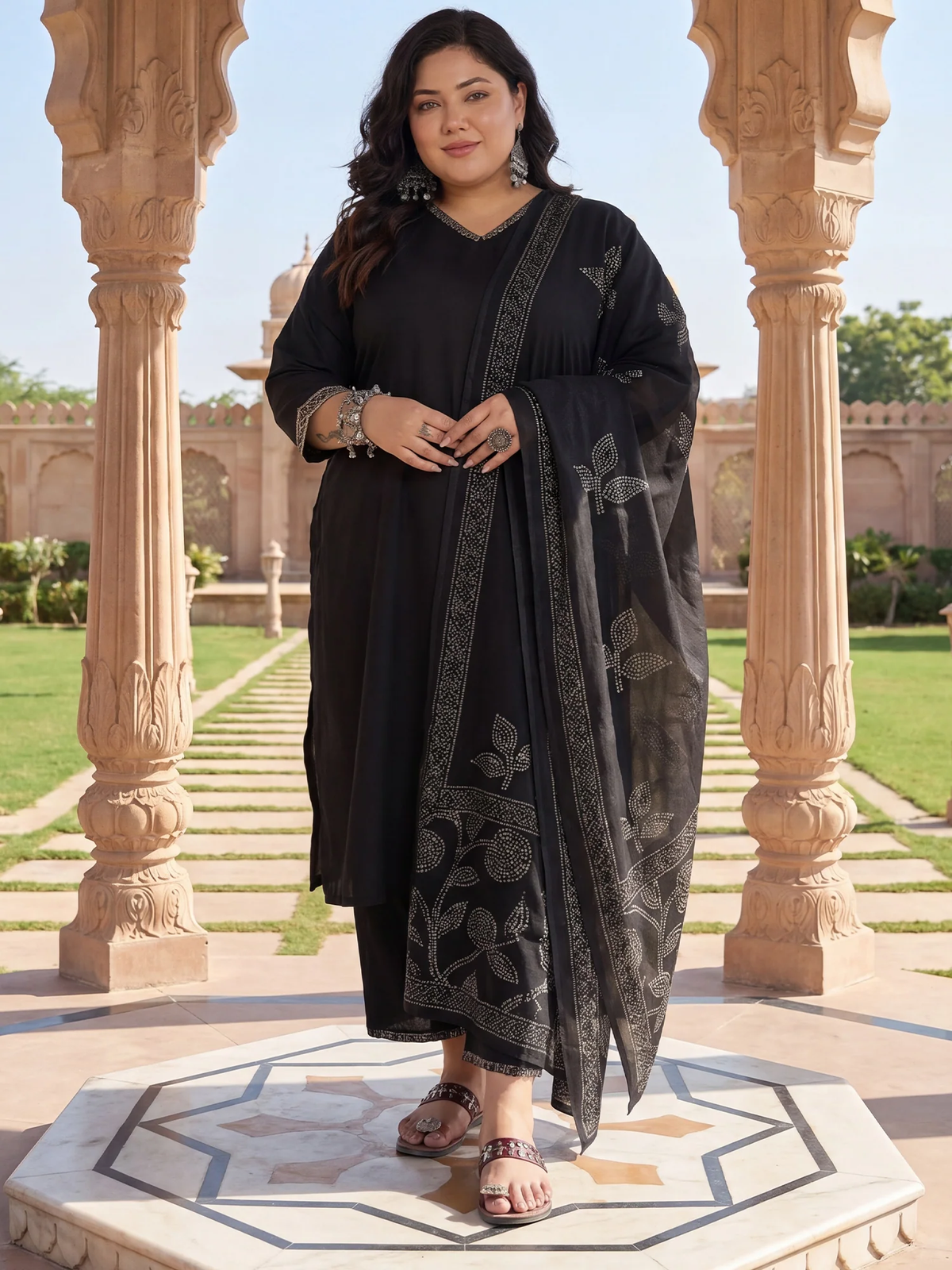 Woman in a black traditional outfit standing in an outdoor setting with architectural columns.