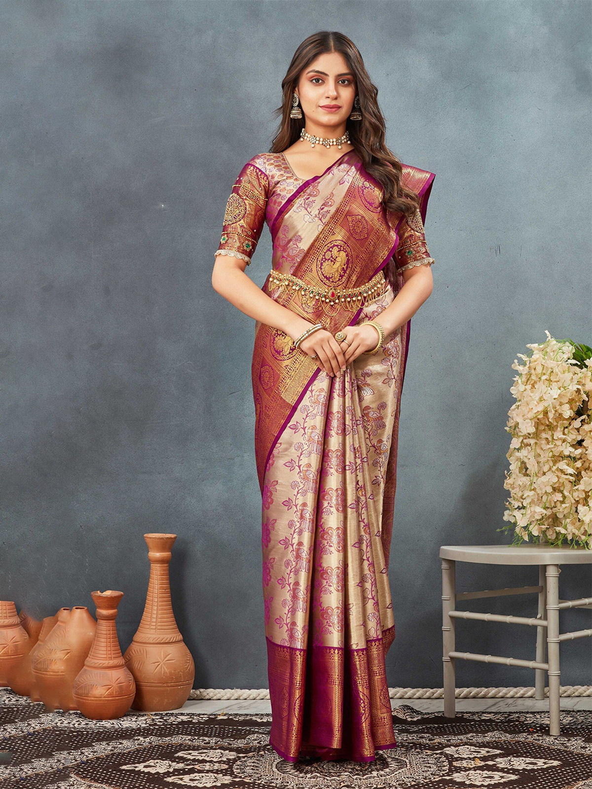 Purple & Gold Dharmavaram Silk Blend Saree with Zari Woven Border