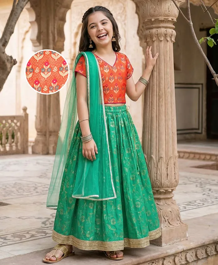 Woven Half Sleeves Lehenga Choli & Dupatta Set With Floral Print – Orange & Light Green