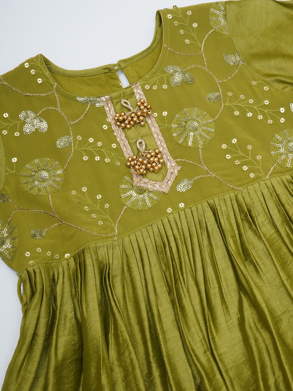 Girls Mehendi Green Chanderi Silk Floral Embroidery Kurta Sharara Set with Dupatta & Cotton Lining
