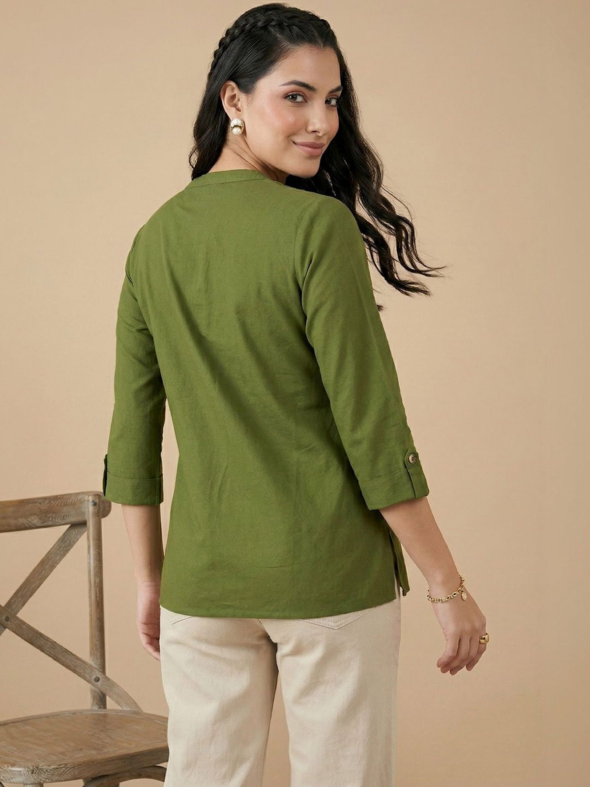 Women’s Olive Green Pure Cotton Kurti with Roll-Up Sleeves AROMIE.STORE