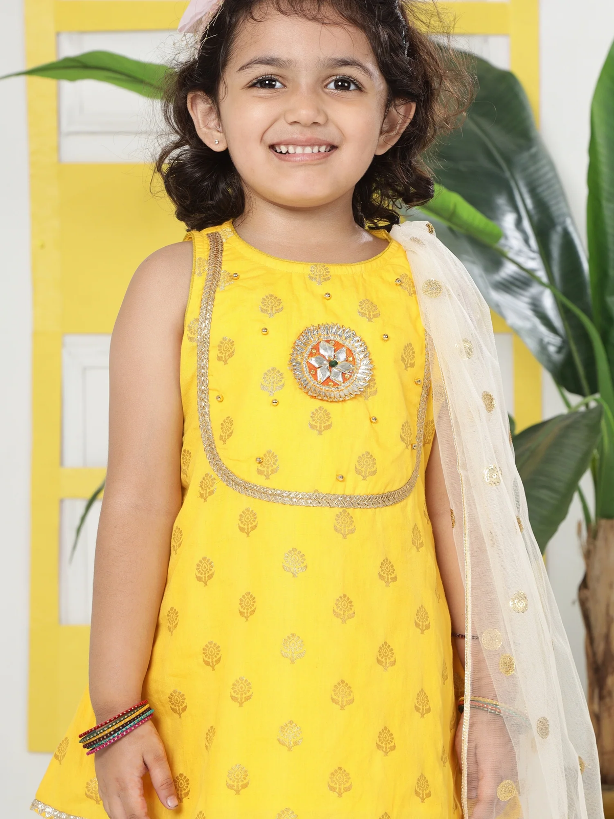 Yellow Cream Floral Zari Embroidery Cotton Kurta Salwar Set with Dupatta