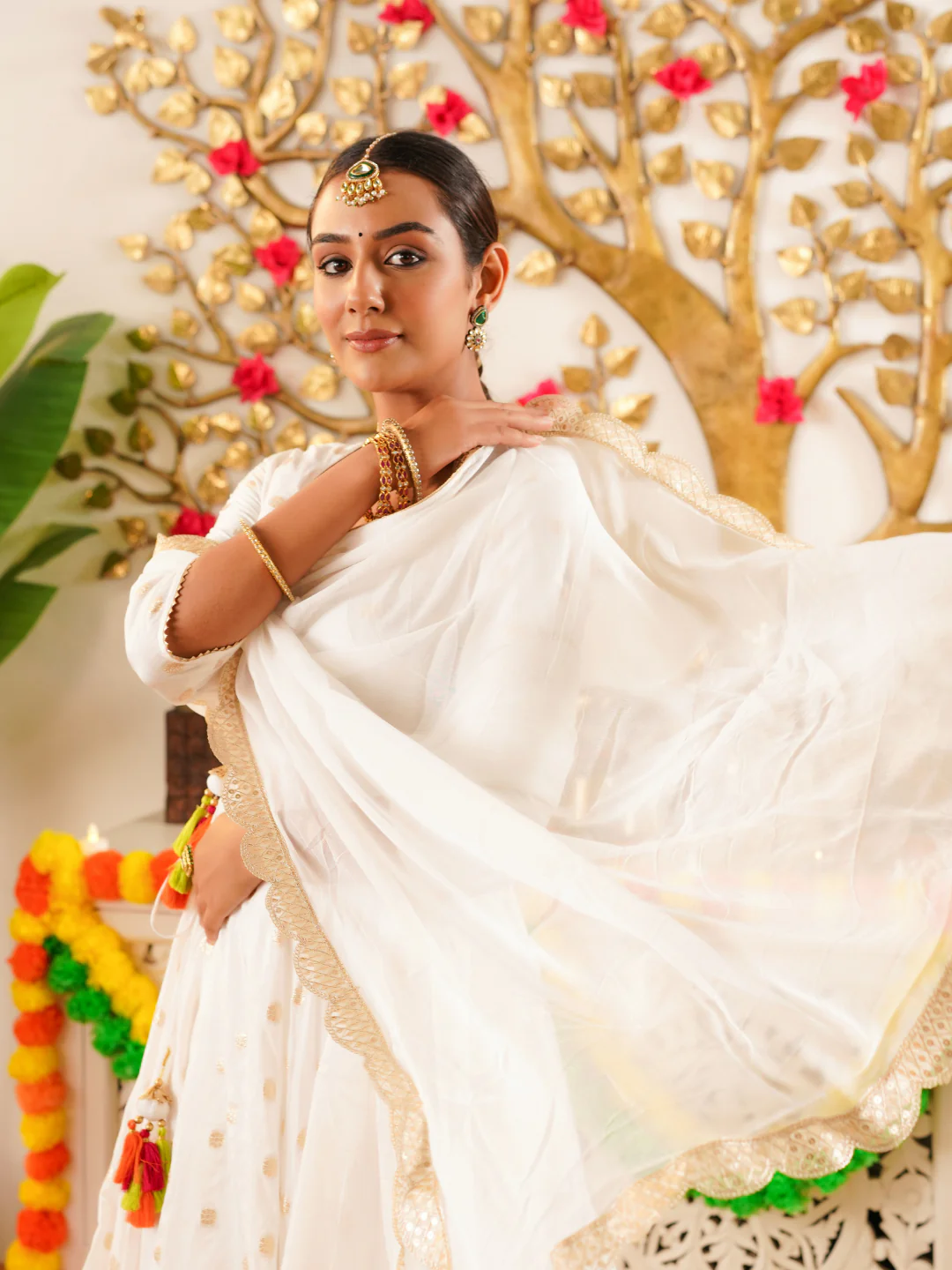 White Chanderi Festive Suit Set with Palazzo & Dupatta