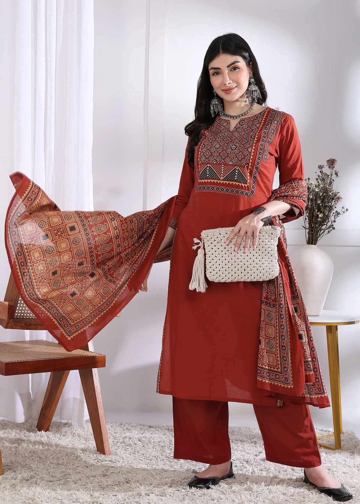 Red Cotton Straight Kurta Set with Printed Dupatta aromie