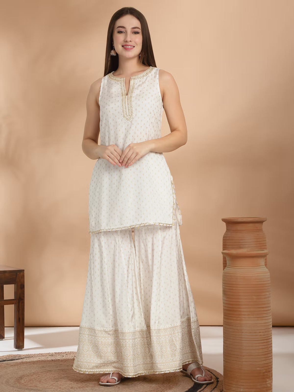 aromie three piece Kurtha white sleeveless kurta and sharara set embroidered Anarkali suit Canada elegant gold accents