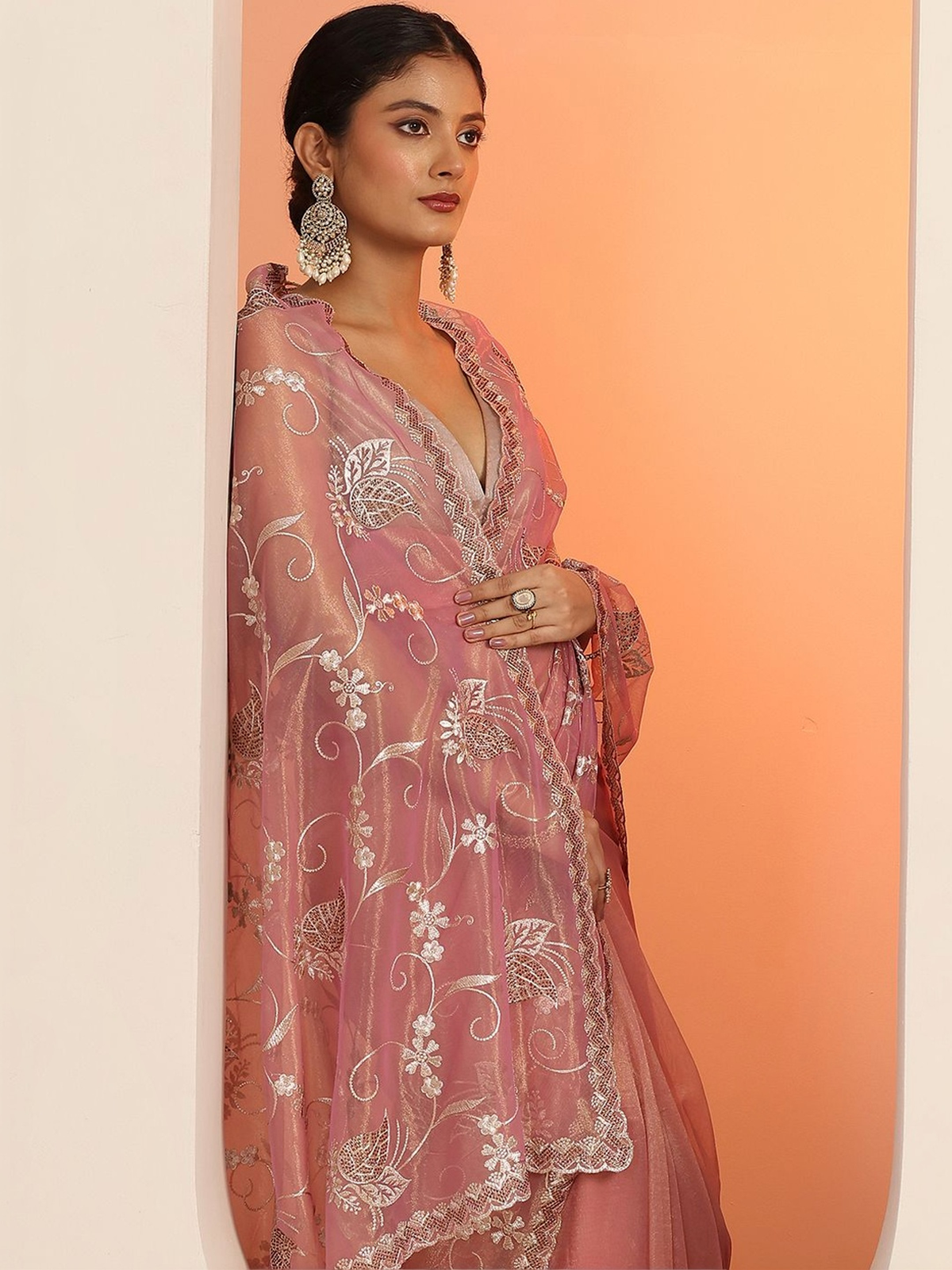 Pink Floral Embroidered Net Saree with Blouse Piece aromie