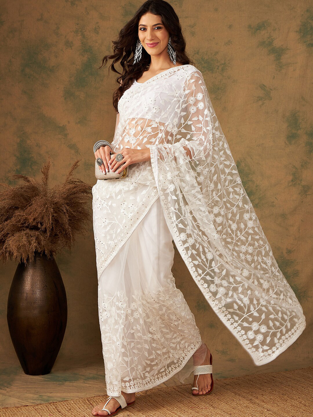 White Floral Embroidered Net Saree with Blouse Piece