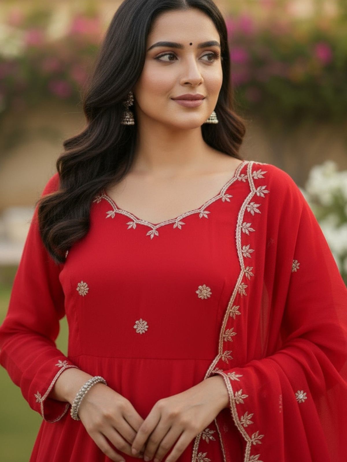 Embroidered Anarkali Kurta & Trousers With Dupatta