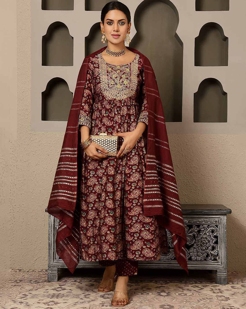 Aromie three piece cotton embroidered kurta set Canada in maroon with intricate embroidery and matching dupatta