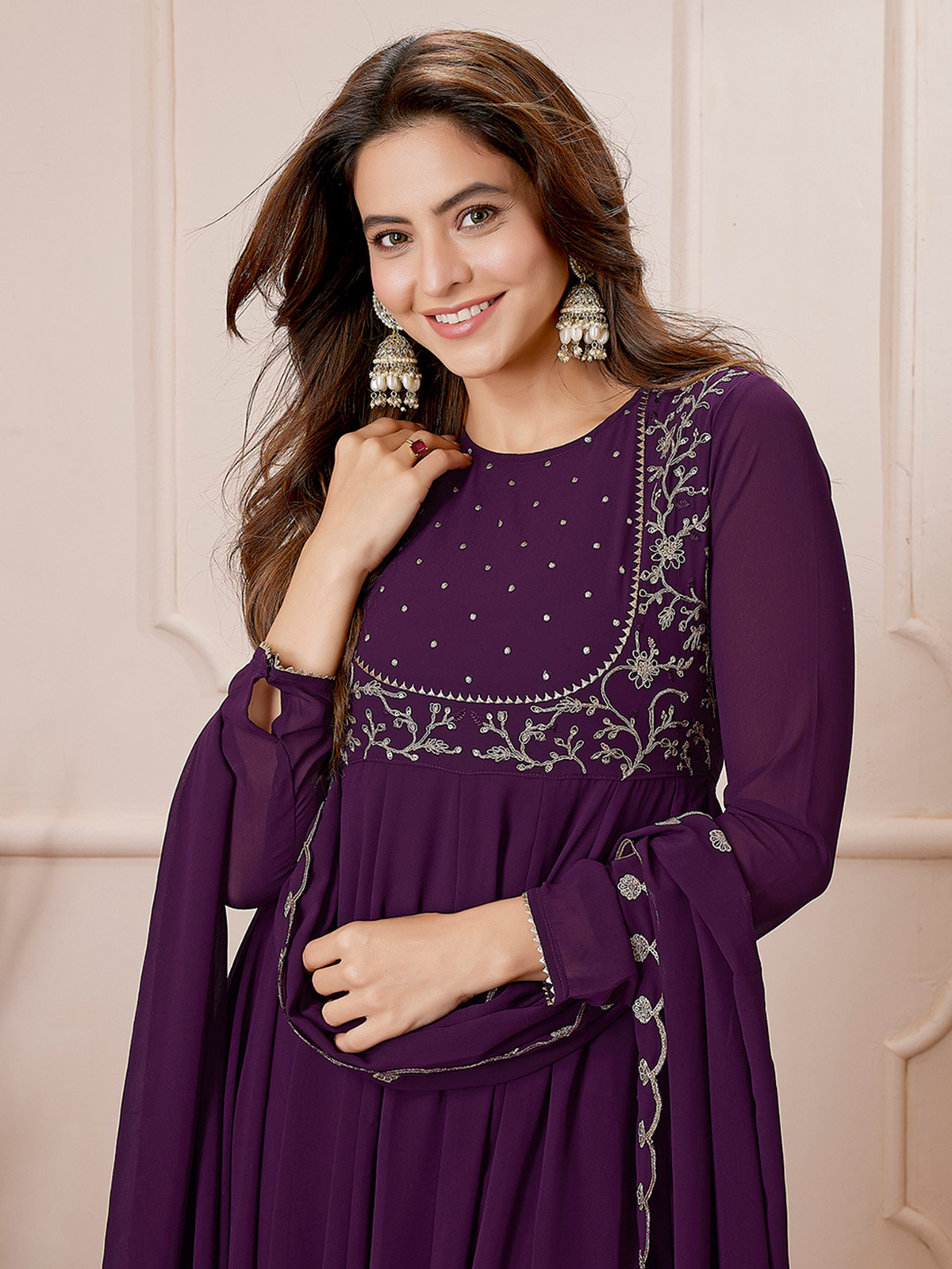 Purple Georgette Embroidered Anarkali Palazzo Set