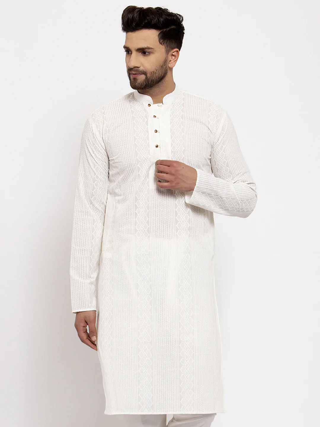 Jompers Men Cream Embroidered Kurta Only