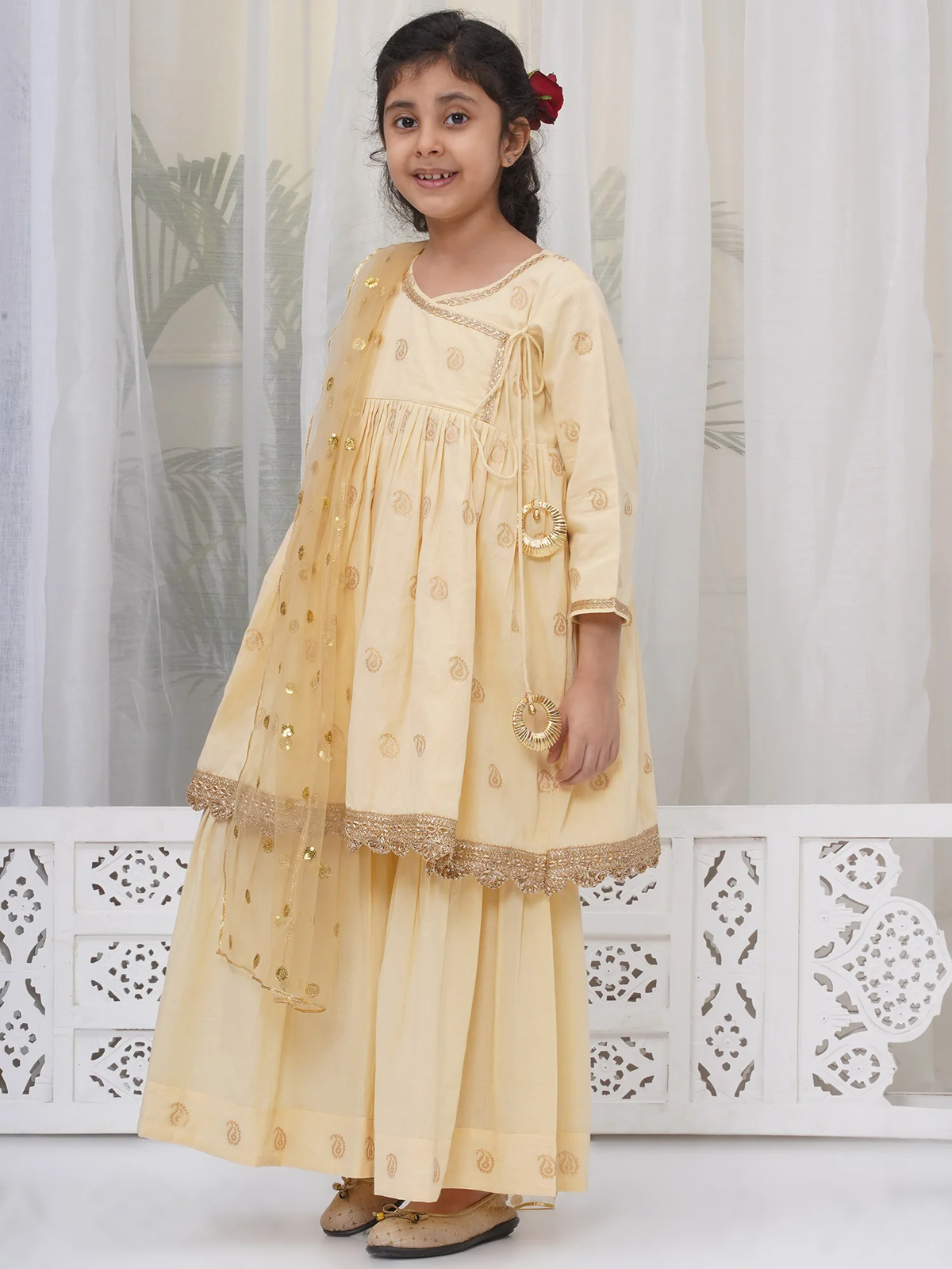 Little Bansi Girls Cotton Three Fourth Sleeves Angrakha Kurta with Sharara and Net Dupatta with Paisley Design Zari Work- Dutch Cream