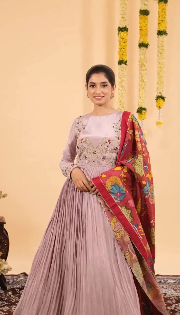 Chinon Sequins Embroidered Gown with Kalamkari Dupatta