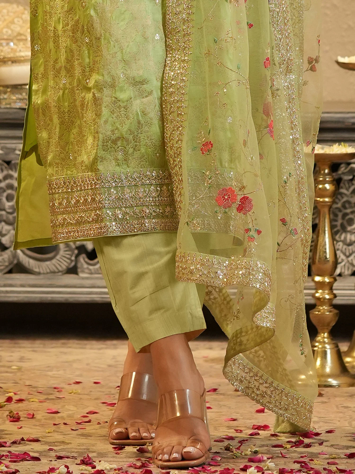 Green Zari Embroidered Kurta Set with Net Dupatta aromie