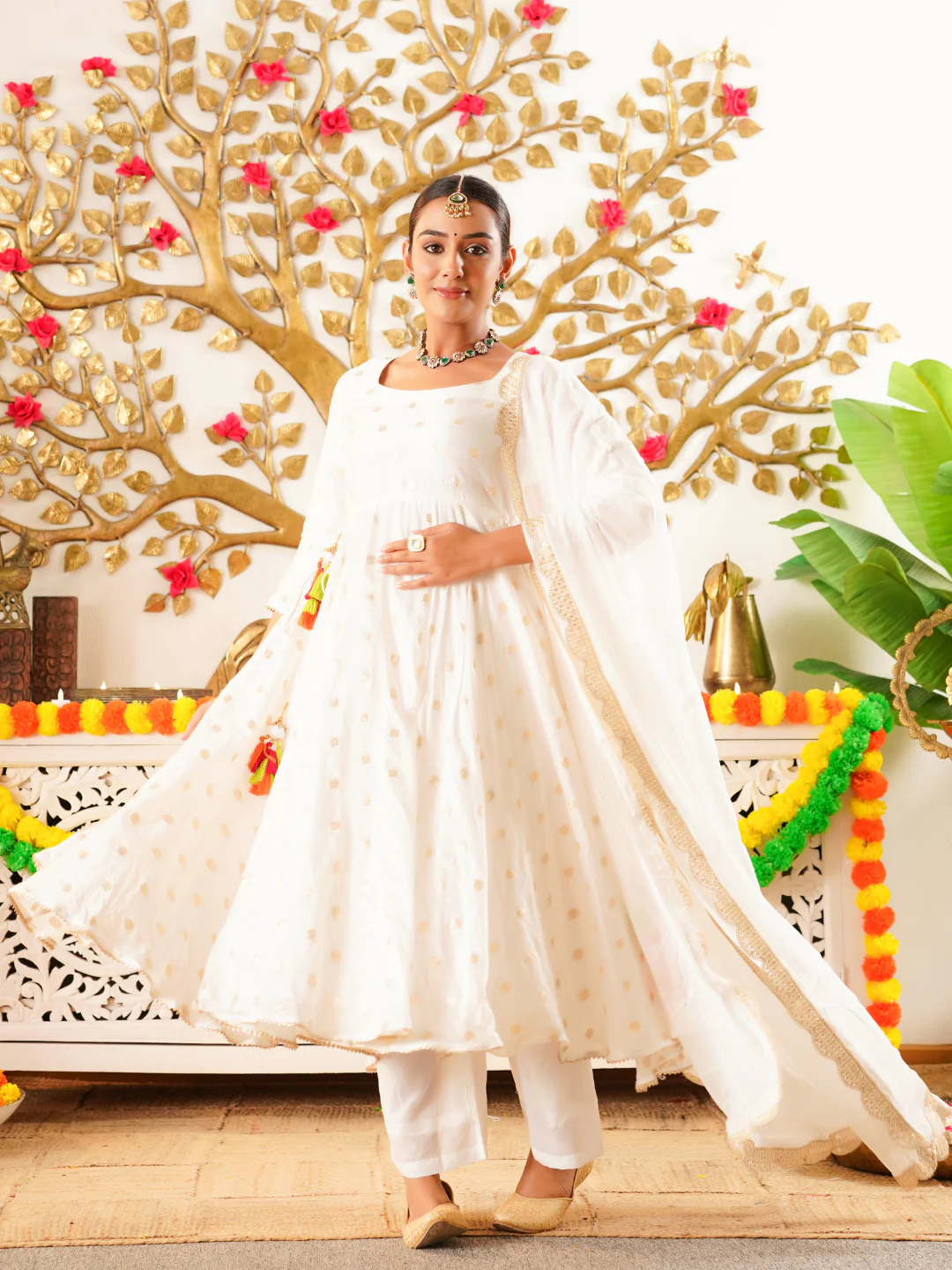 White Chanderi Festive Suit Set with Palazzo & Dupatta
