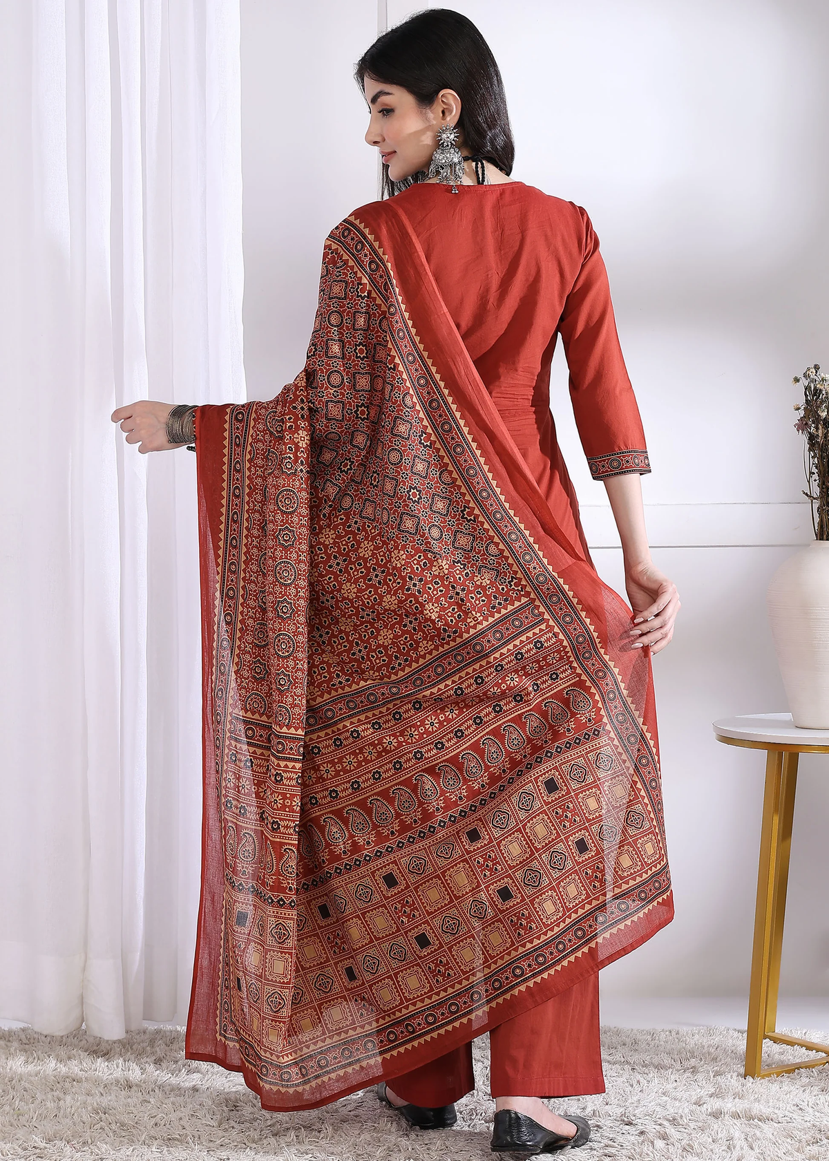 Red Cotton Straight Kurta Set with Printed Dupatta aromie