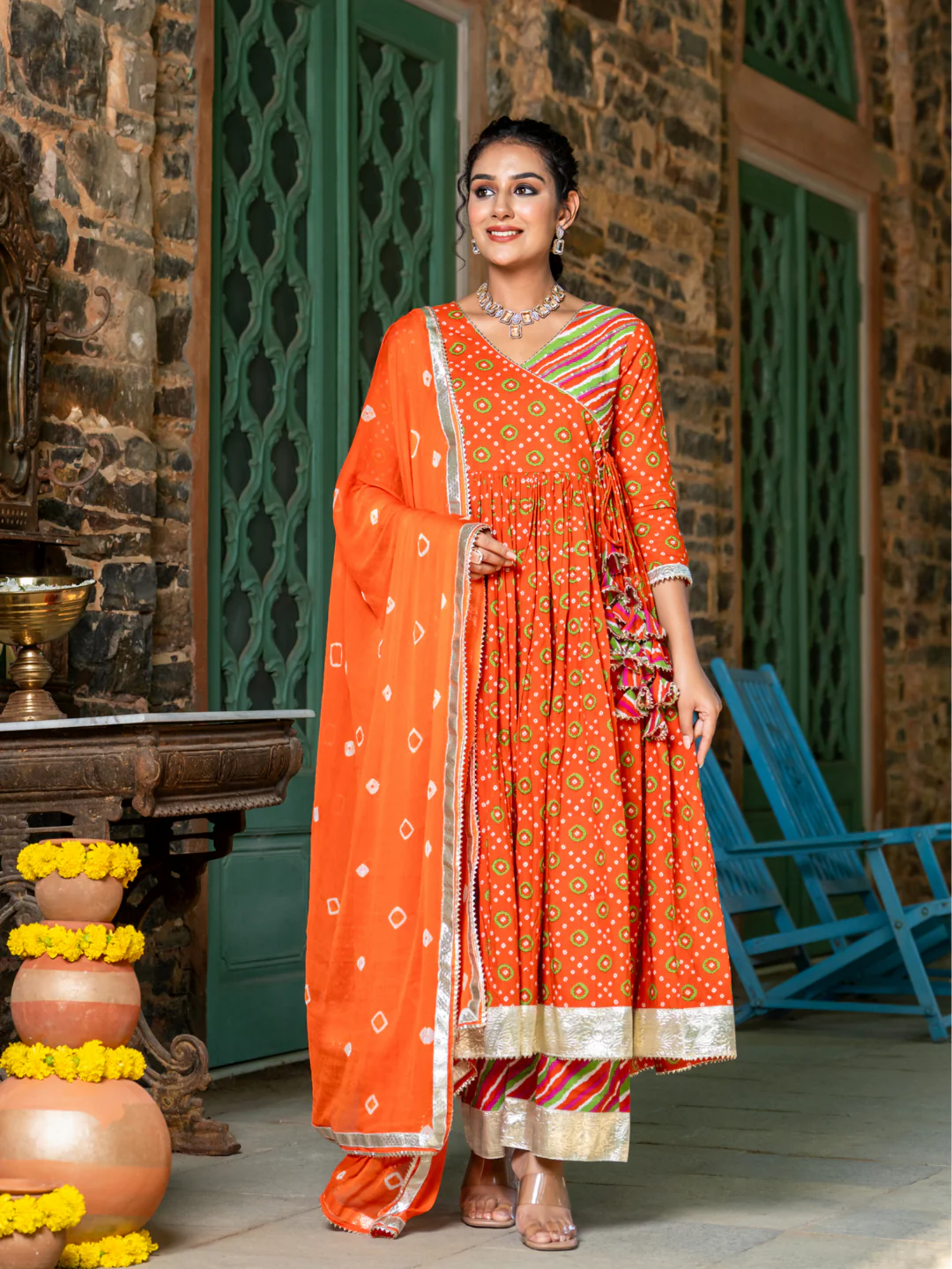 Orange Cotton Festive Suit Set with Palazzo & Dupatta