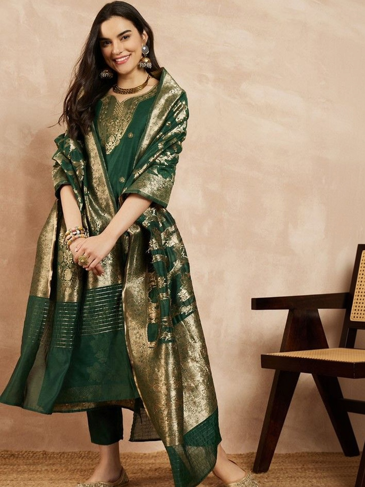 Green Woven Jacquard Cotton Kurta Set with Trousers & Dupatta