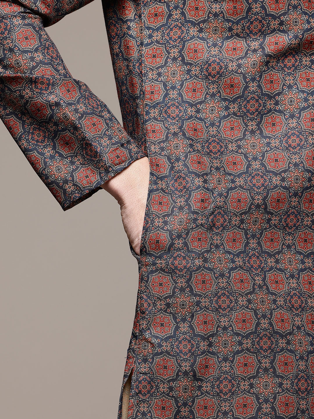 Men’s Navy Blue & Rust Printed Cotton Blend Kurta AROMIE | Affordable Indian Clothes & Dresses in Canada