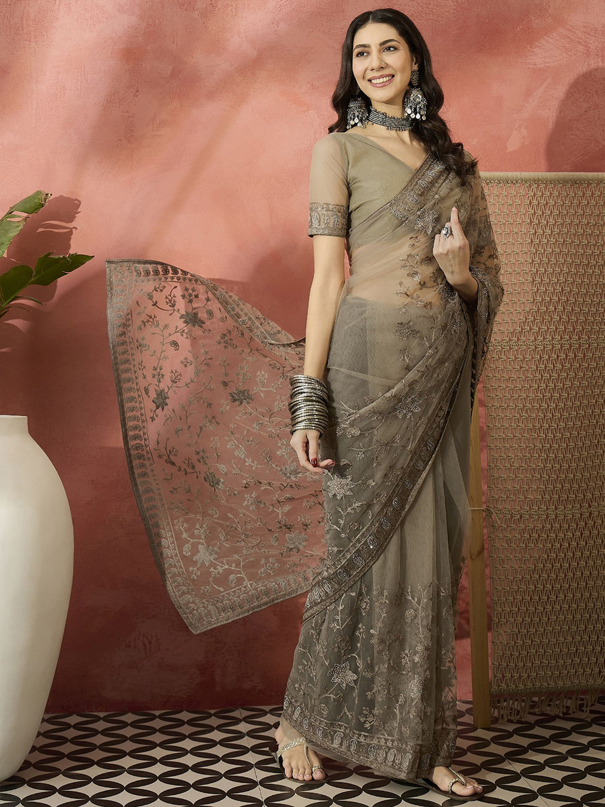 Beige Embroidered Net Saree with Embroidered Border & Blouse Piece