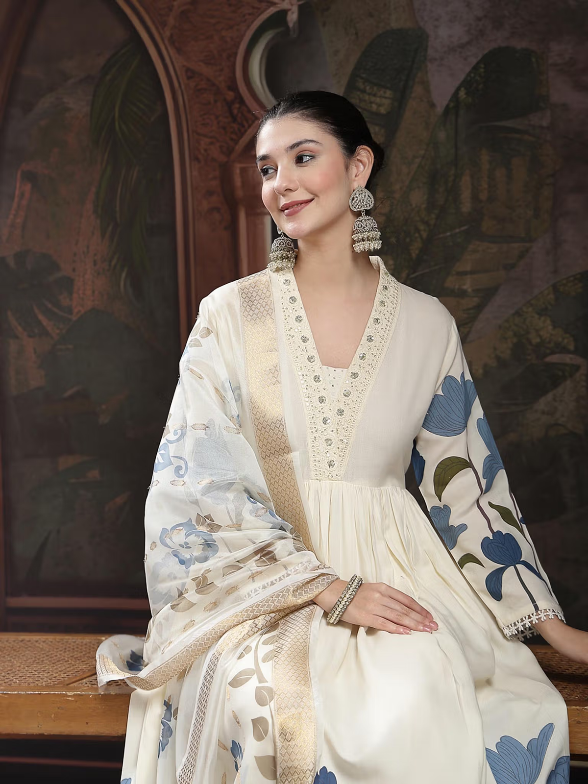 Off-White Printed A-Line Kurta Trouser Set with Dupatta