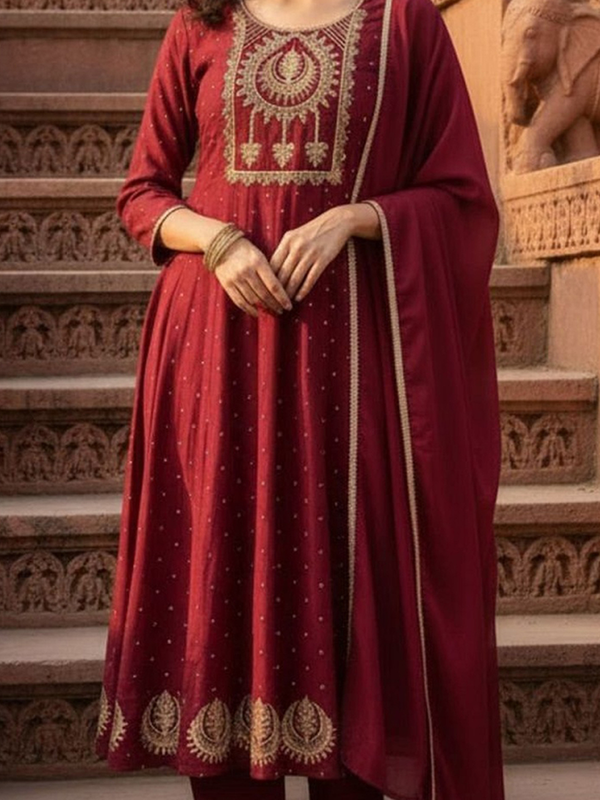 Maroon Printed Silk Blend Anarkali Kurta Set with Dupatta