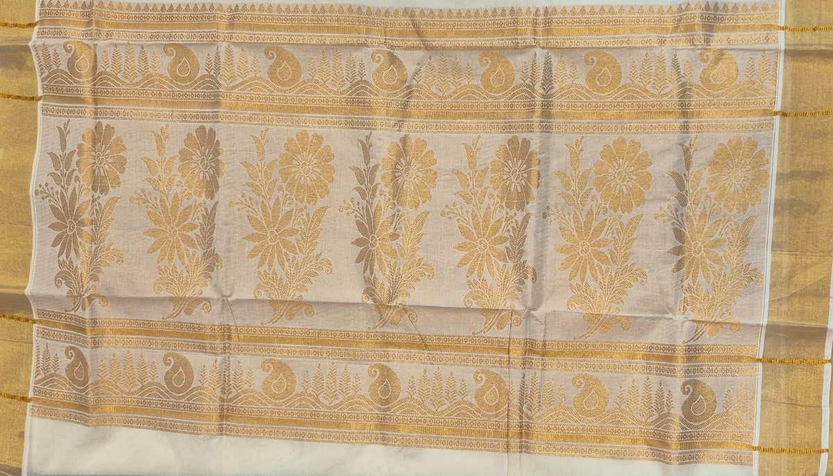 Cream Cotton Kasavu Saree with Multicolour Traditional Floral Motifs