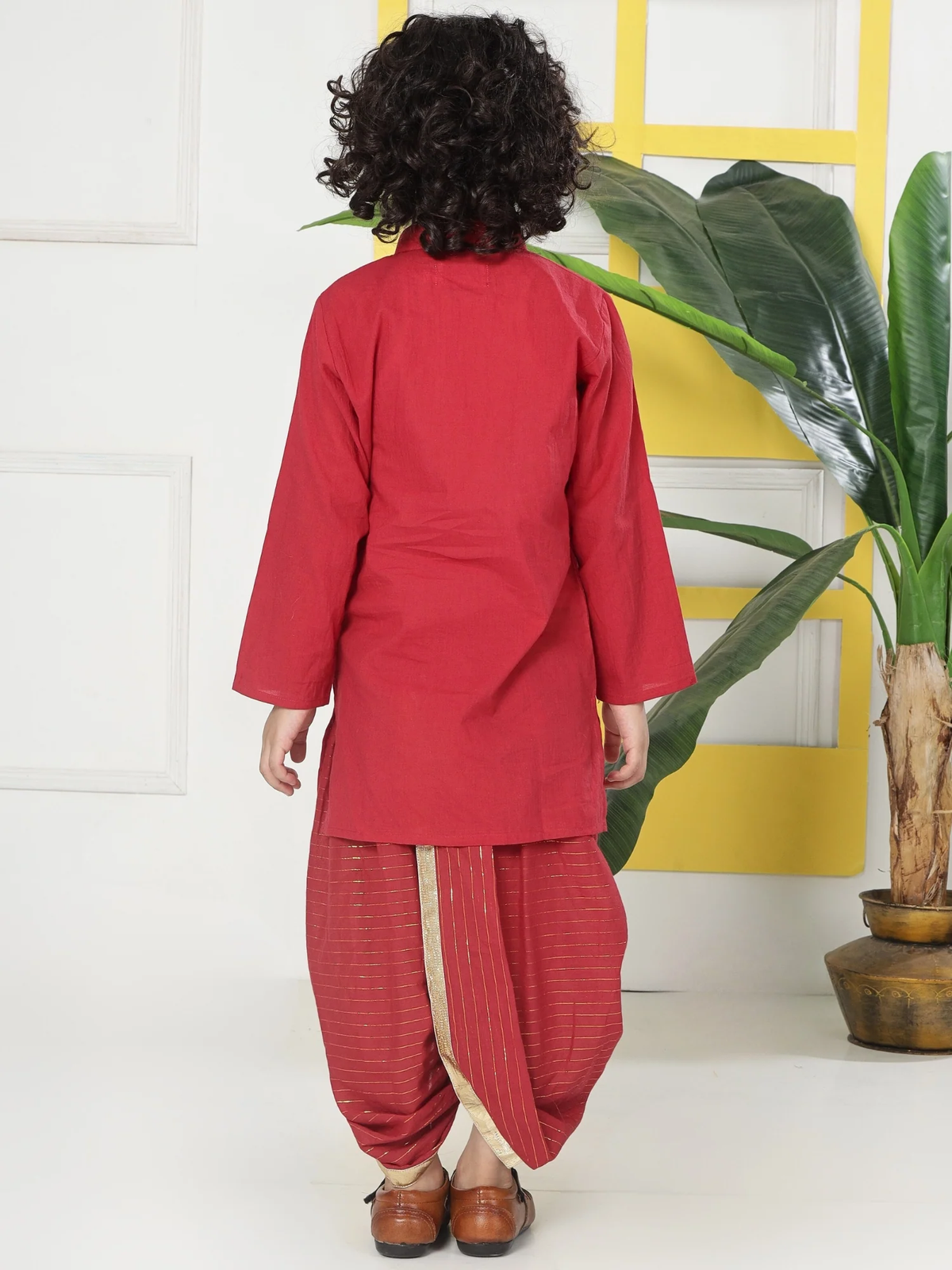 Red Minimal Zari Embroidery Cotton Kurta Dhoti set
