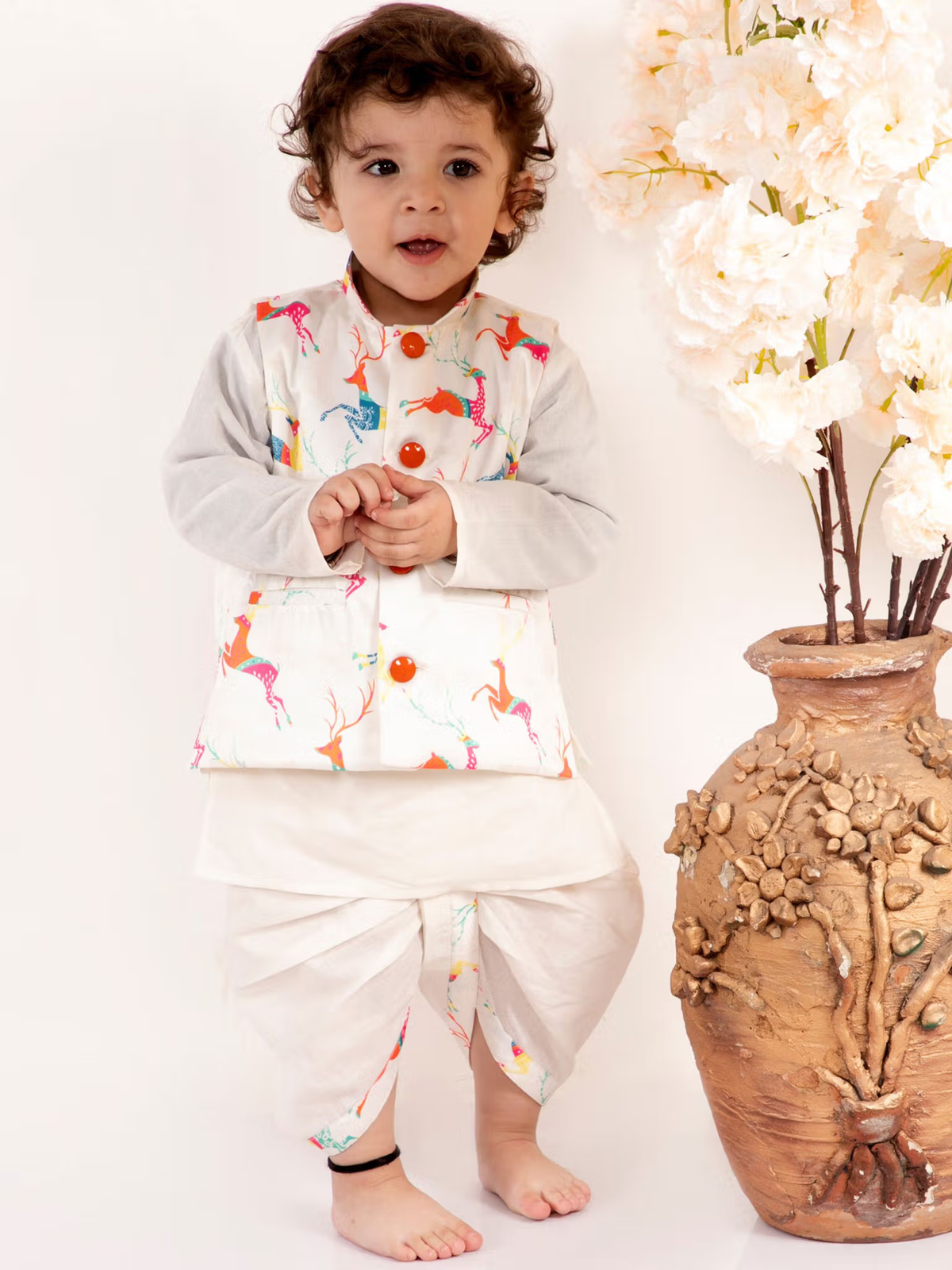Boys White Printed Kurta with Dhoti and Jacket (Set of 3)