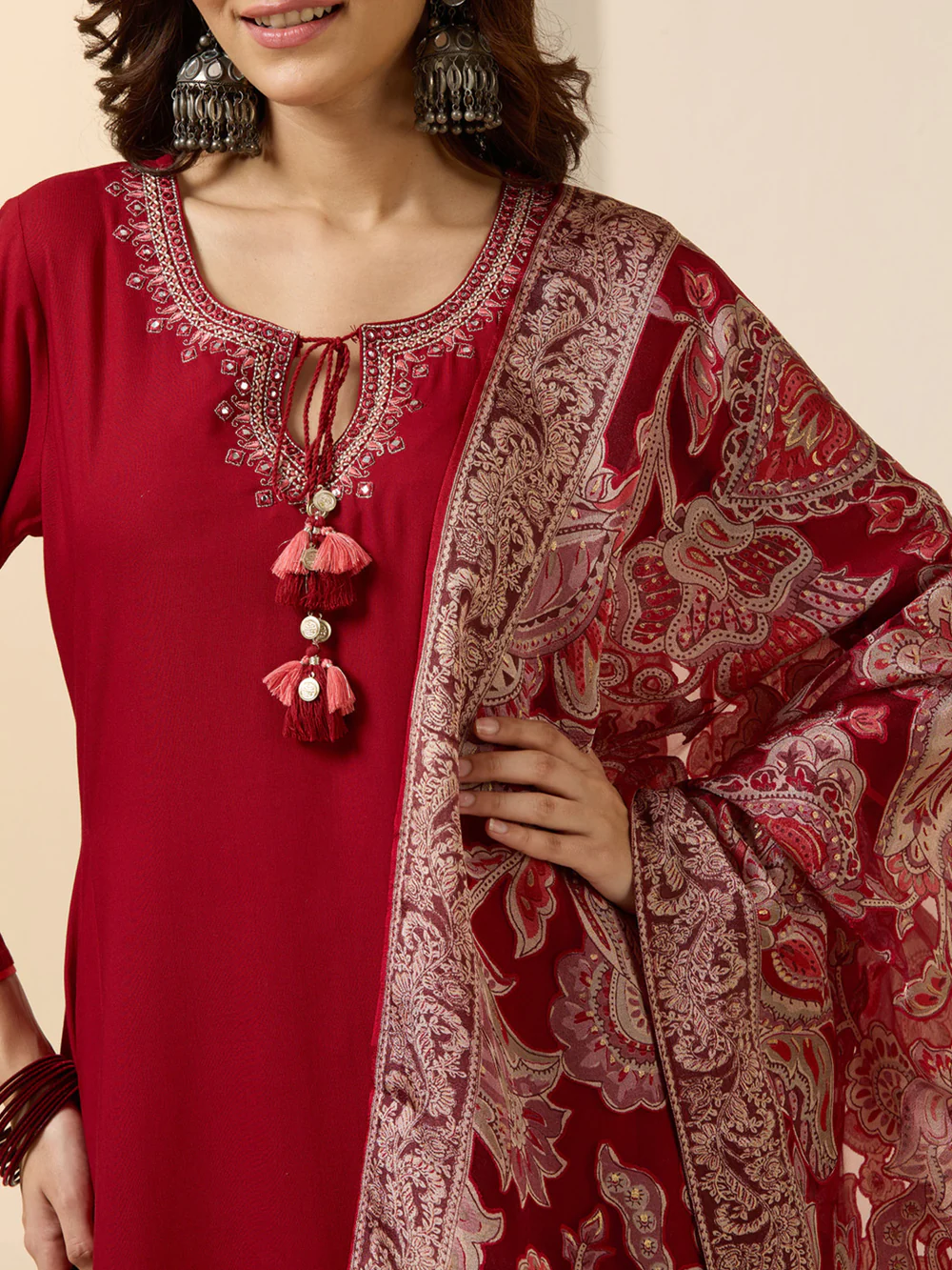 Elegant Maroon Viscose rayon Tieup Neckline Aline kurta set with rich brasso dupatta