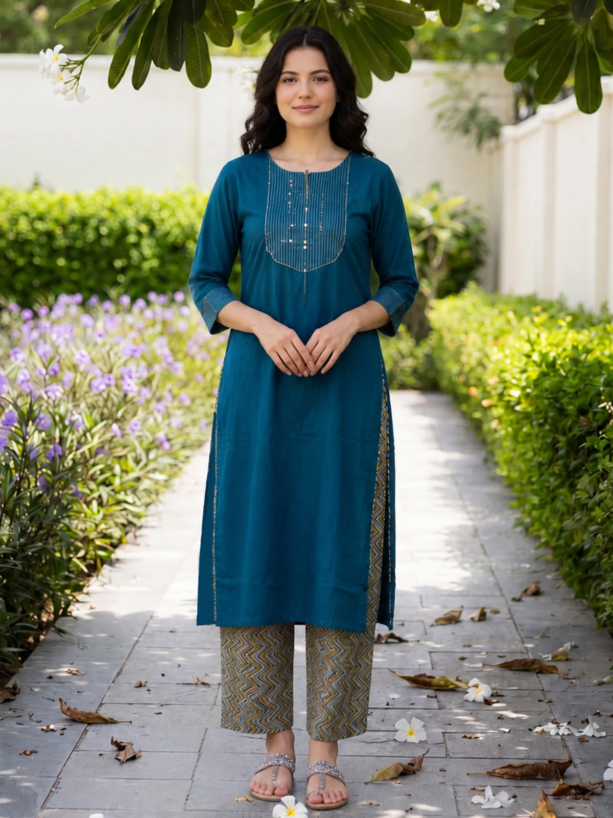 A woman stands on a paved garden path wearing a teal blue kurta with a decorative embroidered neckline, paired with patterned beige pants. The background features green hedges, purple flowers, and a white wall.