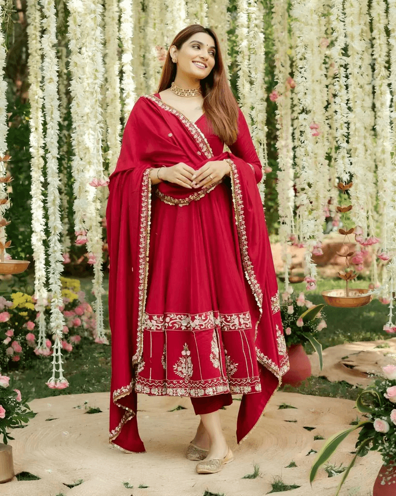 Red Roman Silk Anarkali Suit Set with Heavy Embroidery & Sequin Work